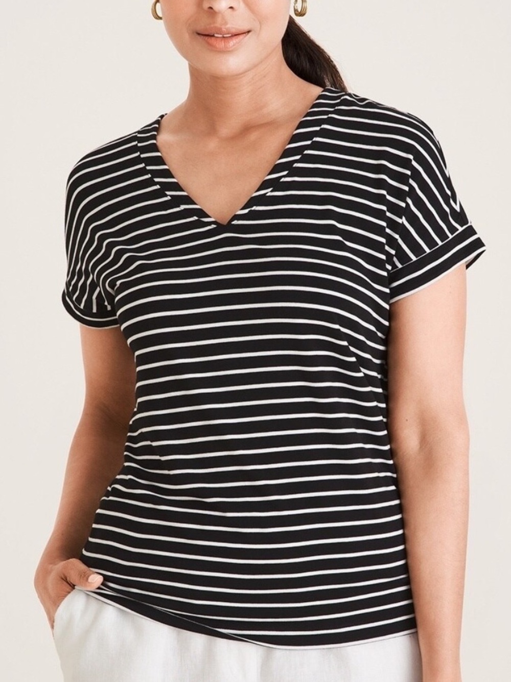 Chicos Touch of Cool Black and White Striped Tee